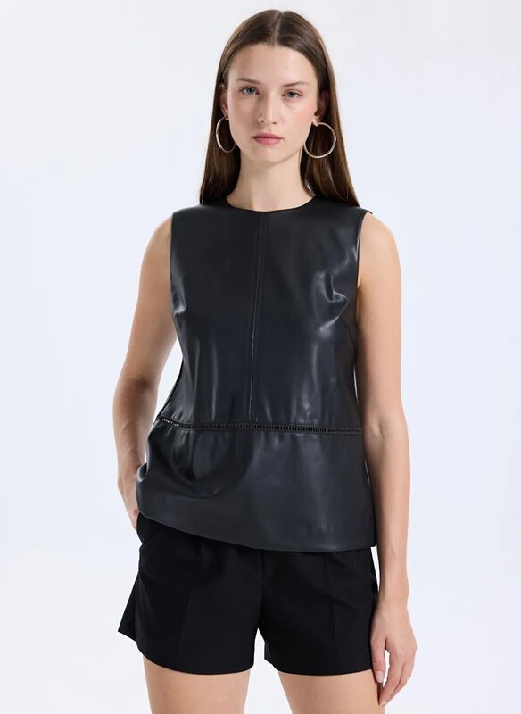 Sisley - Deri Görünümlü Regular Fit Bisiklet Yaka Kolsuz Bluz Kadın Siyah Bluz - 325A54UKLQ09V