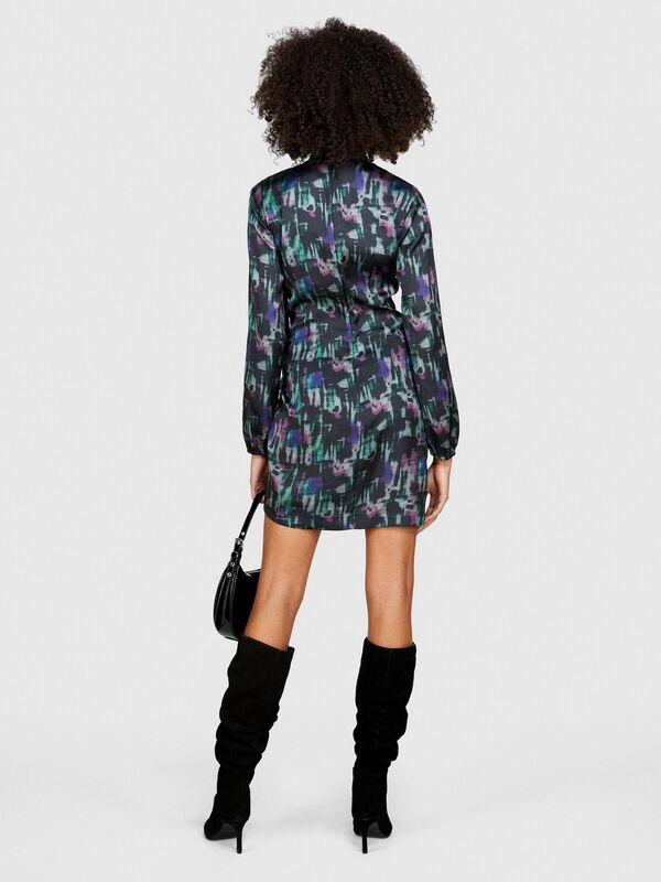 Desenli Önü Büzgülü Arkadan Düğmeli Uzun Kollu Elbise Kadın Mavi Elbise - 323A4RTMLV046