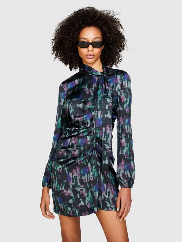 Desenli Önü Büzgülü Arkadan Düğmeli Uzun Kollu Elbise Kadın Mavi Elbise - 323A4RTMLV046