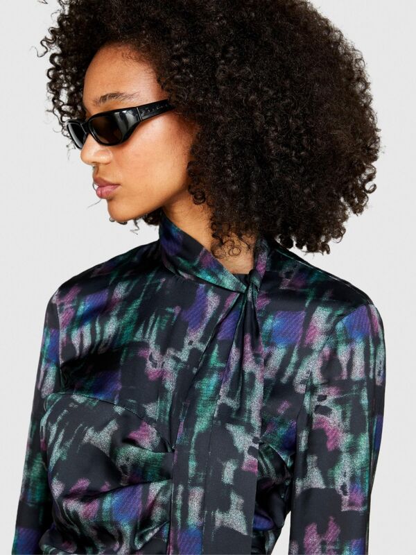 Desenli Önü Büzgülü Arkadan Düğmeli Uzun Kollu Elbise Kadın Mavi Elbise - 323A4RTMLV046