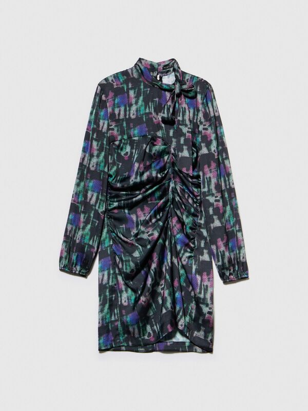 Desenli Önü Büzgülü Arkadan Düğmeli Uzun Kollu Elbise Kadın Mavi Elbise - 323A4RTMLV046