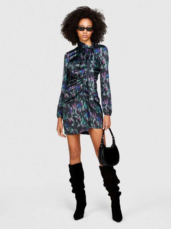 Sisley - Desenli Önü Büzgülü Arkadan Düğmeli Uzun Kollu Elbise Kadın Mavi Elbise - 323A4RTMLV046