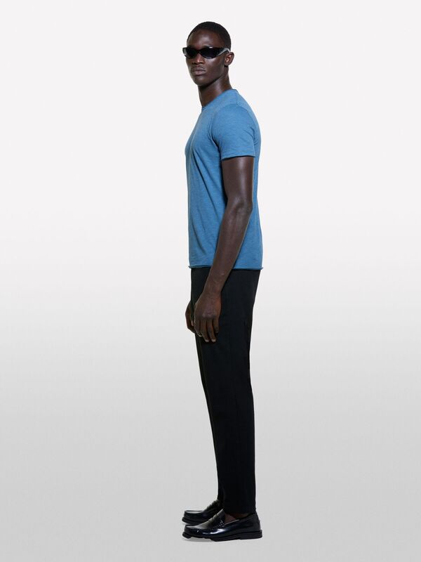 Erk_%100 Pamuk Bisiklet Yaka Slim Fit Slub T-Shirt Erkek Petrol Mavisi T-Shirt - 324A3WF0S101K