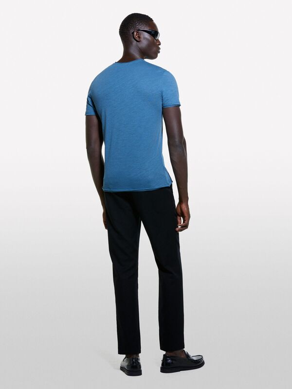 Erk_%100 Pamuk Bisiklet Yaka Slim Fit Slub T-Shirt Erkek Petrol Mavisi T-Shirt - 324A3WF0S101K