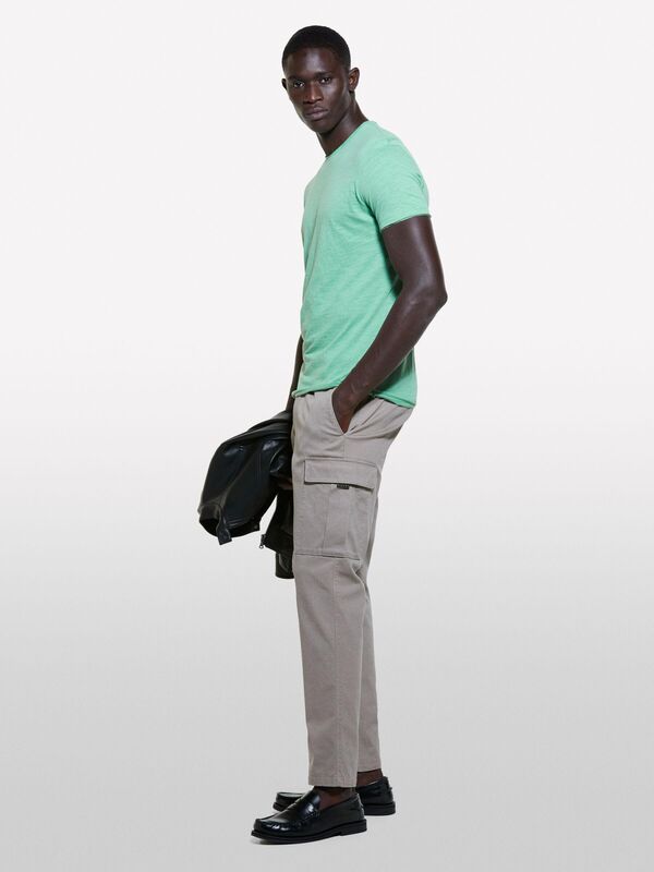 Erk_%100 Pamuk Bisiklet Yaka Slim Fit Slub T-Shirt Erkek Soluk Yeşil T-Shirt - 324A3WF0S101K