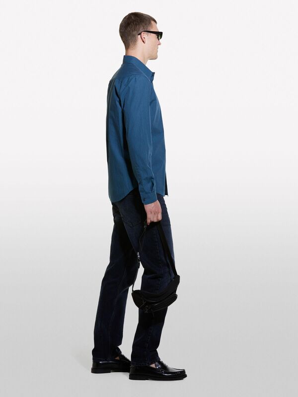 Erk_%100 Pamuk Normal Kesim Çizgi Detaylı Uzun Kollu Gömlek Erkek Lacivert Mix Gömlek - 324A5B8SSQ03T