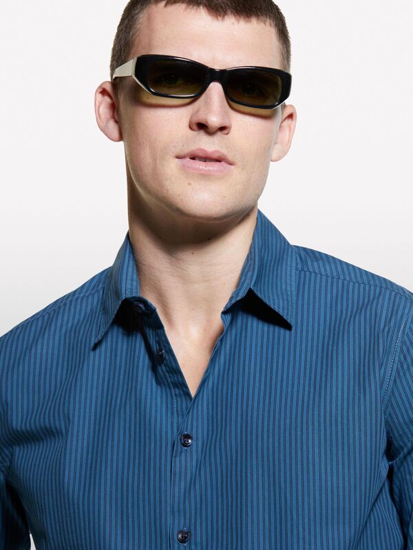 Erk_%100 Pamuk Normal Kesim Çizgi Detaylı Uzun Kollu Gömlek Erkek Lacivert Mix Gömlek - 324A5B8SSQ03T