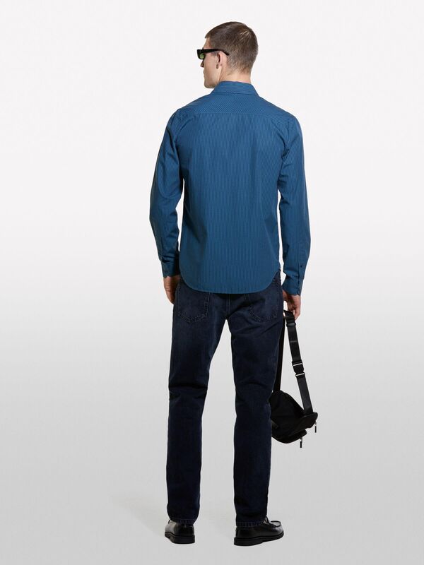 Erk_%100 Pamuk Normal Kesim Çizgi Detaylı Uzun Kollu Gömlek Erkek Lacivert Mix Gömlek - 324A5B8SSQ03T