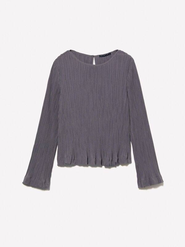 Etek Ucu Kloş Detaylı Uzun Kollu Yuvarlak Yaka Bluz Kadın Füme Bluz - 324A5IWWLQ07D