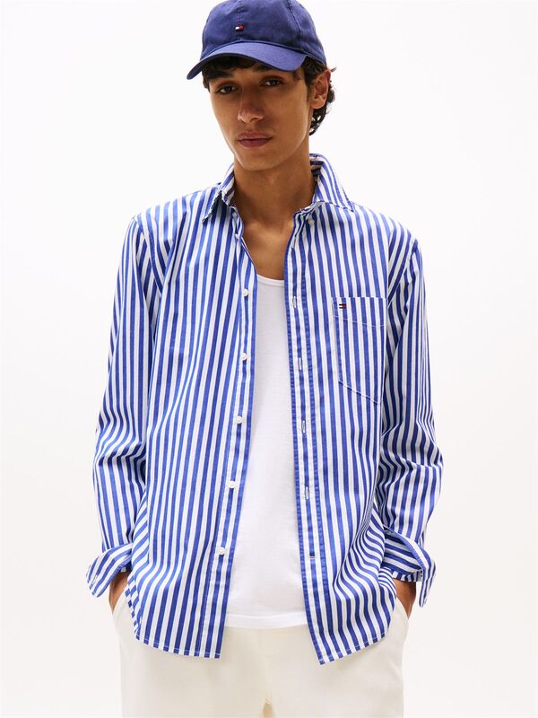 Tommy Hilfiger - FLEX POPLIN BOLD STRIPE SHIRT Erkek Mavi Gömlek - MW0MW39451