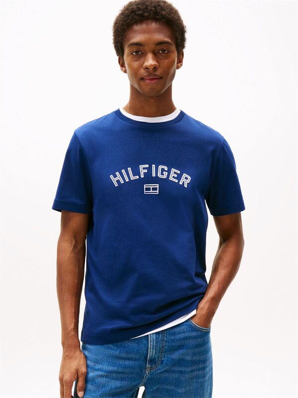 Tommy Hilfiger - HILFIGER FLOCK TEE Erkek Mavi T-Shirt - MW0MW39357