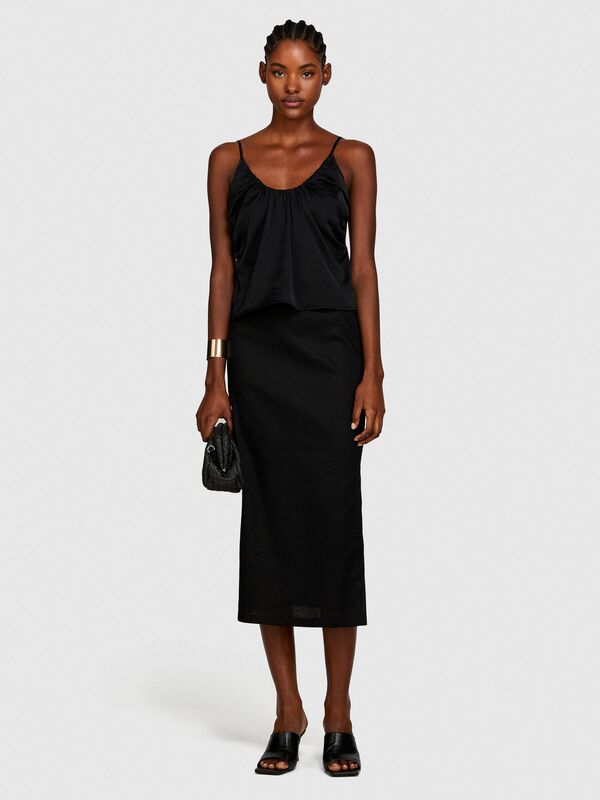 İnce Askılı Derin Büzgü Yakalı Üst Kadın Siyah Bluz - 324P51MGLH016