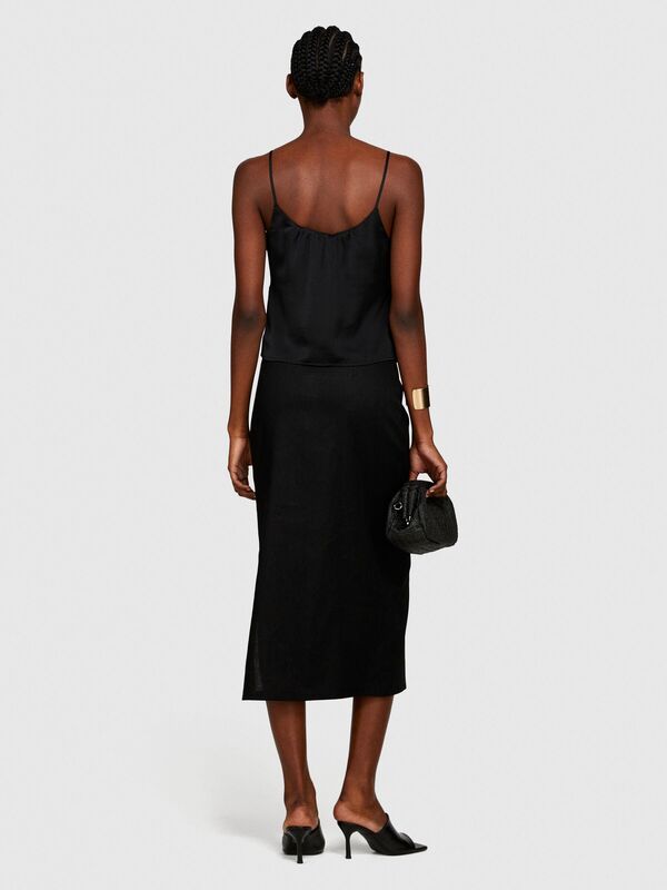 İnce Askılı Derin Büzgü Yakalı Üst Kadın Siyah Bluz - 324P51MGLH016