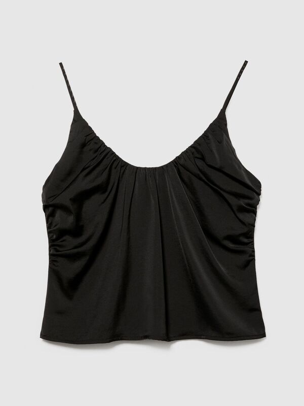 Sisley - İnce Askılı Derin Büzgü Yakalı Üst Kadın Siyah Bluz - 324P51MGLH016