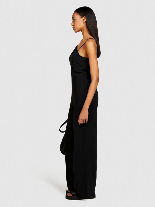 Sisley - İnce Askılı Önü Asimetrik Detaylı Palazzo Tulum Kadın Siyah Tulum - 324P41AYLT00G