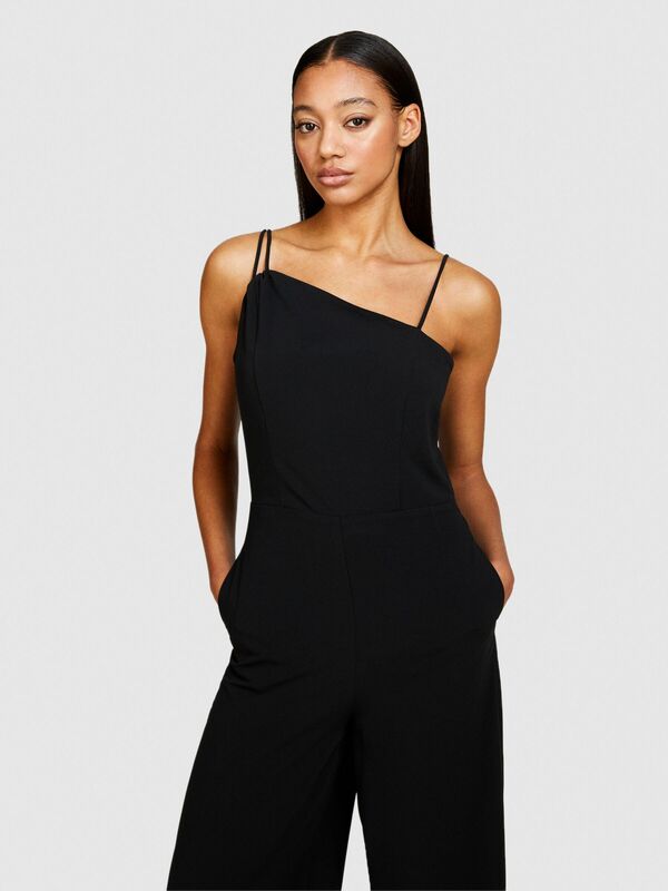 İnce Askılı Önü Asimetrik Detaylı Palazzo Tulum Kadın Siyah Tulum - 324P41AYLT00G