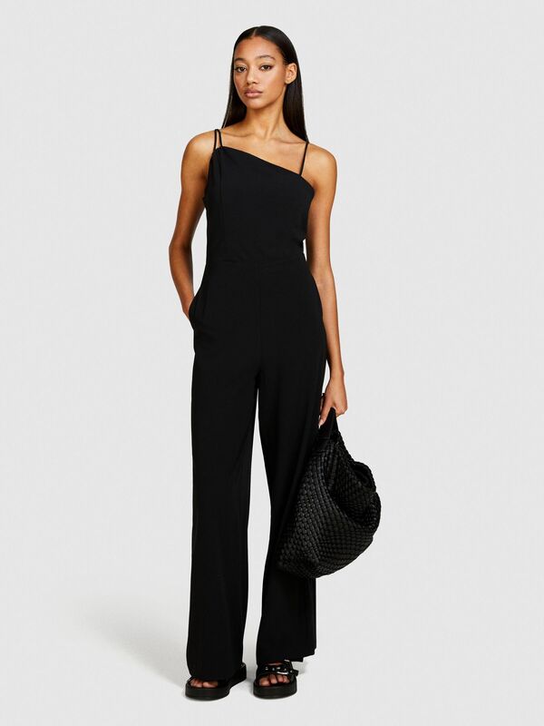 İnce Askılı Önü Asimetrik Detaylı Palazzo Tulum Kadın Siyah Tulum - 324P41AYLT00G