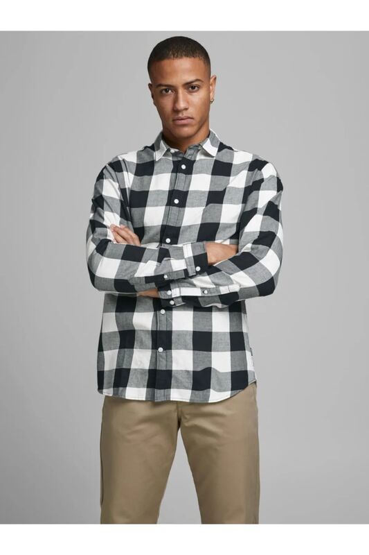 Jjegıngham Twill Shirt L/S Noos Erkek Siyah UK Gömlek - 12181602
