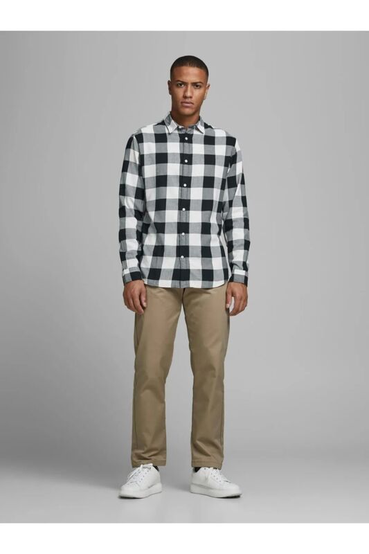 Jjegıngham Twill Shirt L/S Noos Erkek Siyah UK Gömlek - 12181602