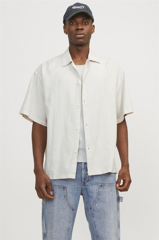 Jack & Jones - JORFARO LINEN OVERSIZED SHIRT SS SN Erkek Bej KK Gömlek - 12251074