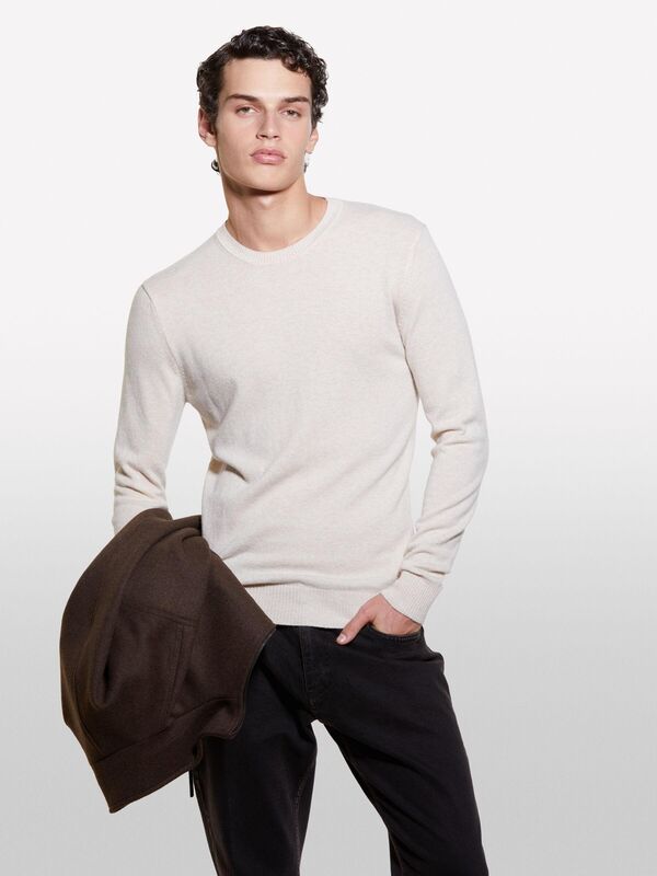 Kaşmir Karışımlı Bisiklet Yaka Kazak Erkek Krem Kazak - 324A102HS1B17