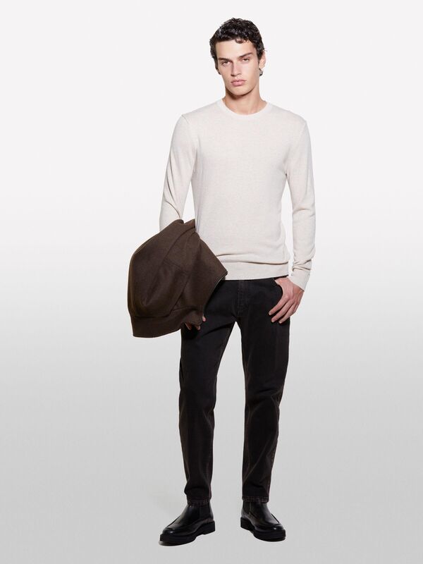 Sisley - Kaşmir Karışımlı Bisiklet Yaka Kazak Erkek Krem Kazak - 324A102HS1B17