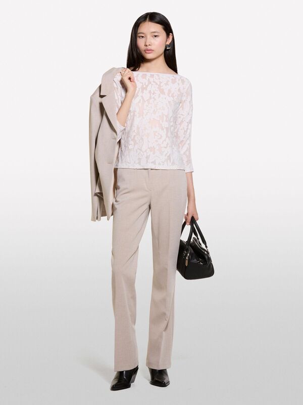 Kayık Yaka Truvakar Kol T-Shirt Kadın Krem T-Shirt - 324A33LZL106O