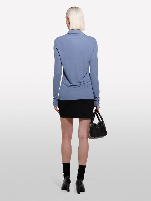 Kdn_%100 Viskoz Dar Kesim Düğmeli Sivri Yaka Jarse Gömlek Kadın Demir Mavisi Gömlek - 324A54HXLQ087