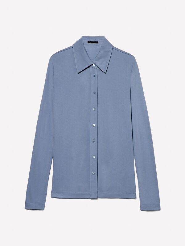 Kdn_%100 Viskoz Dar Kesim Düğmeli Sivri Yaka Jarse Gömlek Kadın Demir Mavisi Gömlek - 324A54HXLQ087