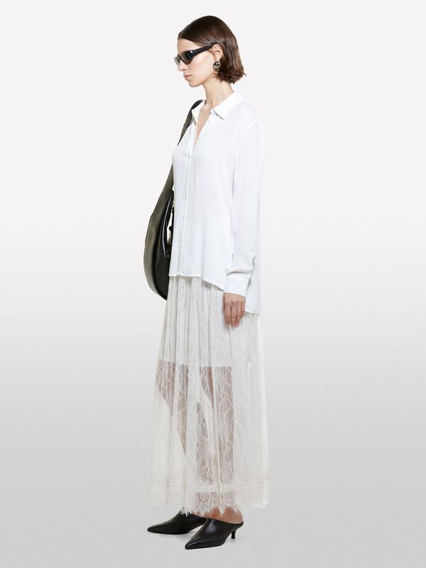 Kdn_%100 Viskoz Önü Kısa Yanları Yırtmaçlı Uzun Kollu Gömlek Kadın Kırık Beyaz Gömlek - 324A5ZMZLQ07I