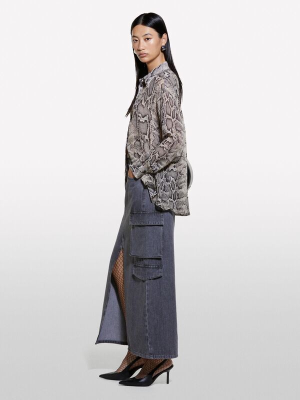 Kdn_%100 Viskoz Tamamı Desenli Rahat Kesim Uzun Kollu Gömlek Kadın Gri Desenli Gömlek - 324A5YBMLQ07F