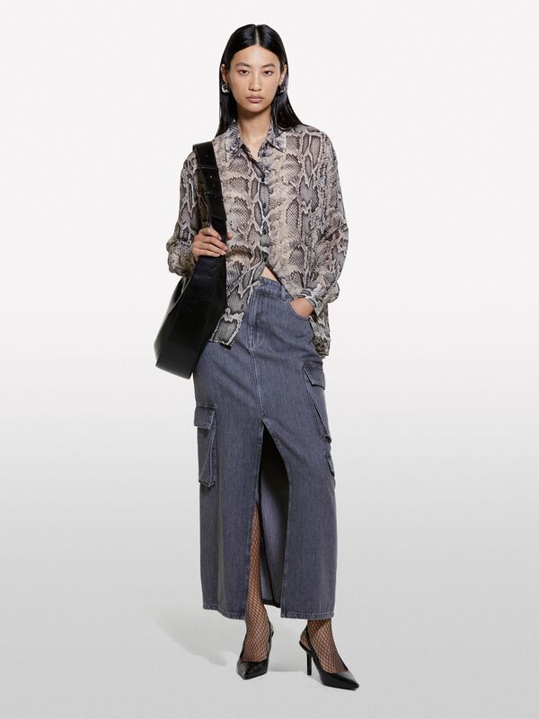 Kdn_%100 Viskoz Tamamı Desenli Rahat Kesim Uzun Kollu Gömlek Kadın Gri Desenli Gömlek - 324A5YBMLQ07F