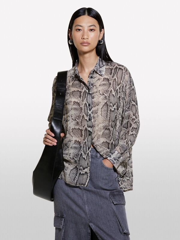 Kdn_%100 Viskoz Tamamı Desenli Rahat Kesim Uzun Kollu Gömlek Kadın Gri Desenli Gömlek - 324A5YBMLQ07F