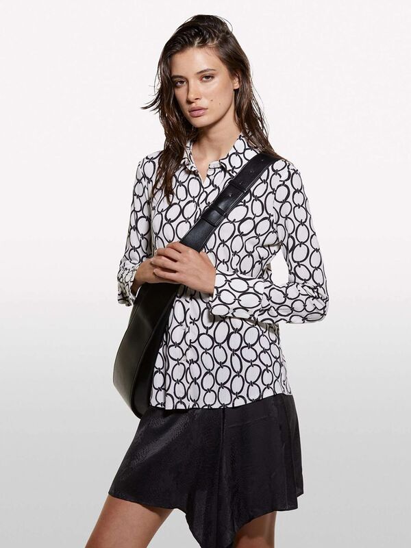 Sisley - Kdn_Tamamı Baskılı Dar Kesim Uzun Kollu Gömlek Kadın Kırık Beyaz Mix Gömlek - 324A52D3LQ07H