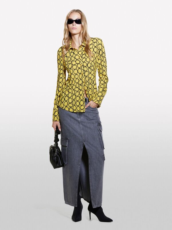 Kdn_Tamamı Baskılı Dar Kesim Uzun Kollu Gömlek Kadın Sarı Mix Gömlek - 324A52D3LQ07H