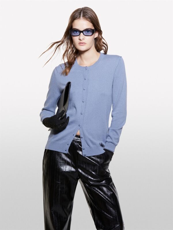 Kdn_Yün ve Kaşmir Karışımlı Ribana Detaylı Bisiklet Yaka Hırka Kadın Demir Mavisi Hırka - 324A102HM5237