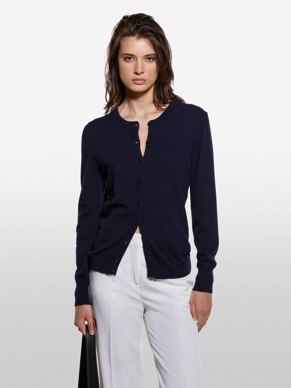 Kdn_Yün ve Kaşmir Karışımlı Ribana Detaylı Bisiklet Yaka Hırka Kadın Lacivert Hırka - 324A102HM5237