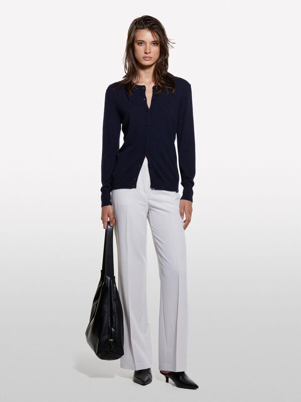 Sisley - Kdn_Yün ve Kaşmir Karışımlı Ribana Detaylı Bisiklet Yaka Hırka Kadın Lacivert Hırka - 324A102HM5237