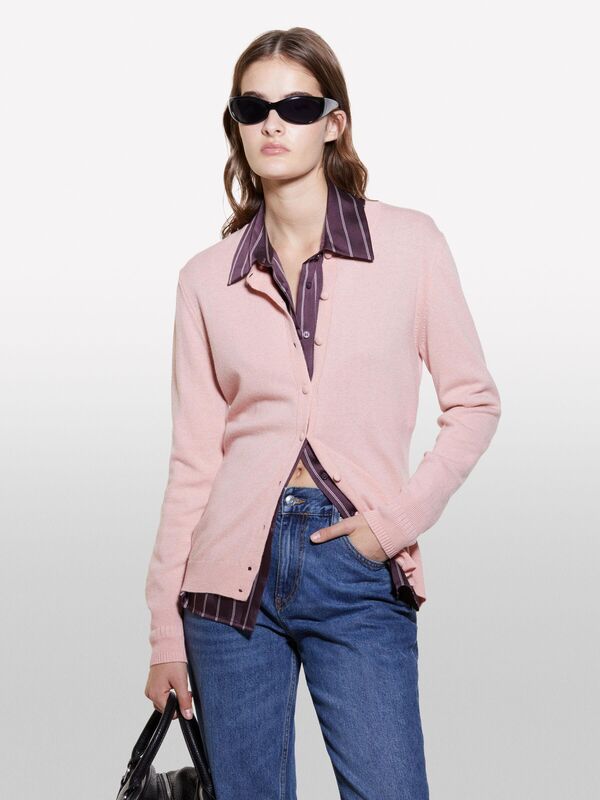 Kdn_Yün ve Kaşmir Karışımlı Ribana Detaylı Bisiklet Yaka Hırka Kadın Nude Hırka - 324A102HM5237