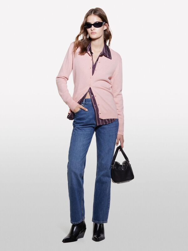 Sisley - Kdn_Yün ve Kaşmir Karışımlı Ribana Detaylı Bisiklet Yaka Hırka Kadın Nude Hırka - 324A102HM5237