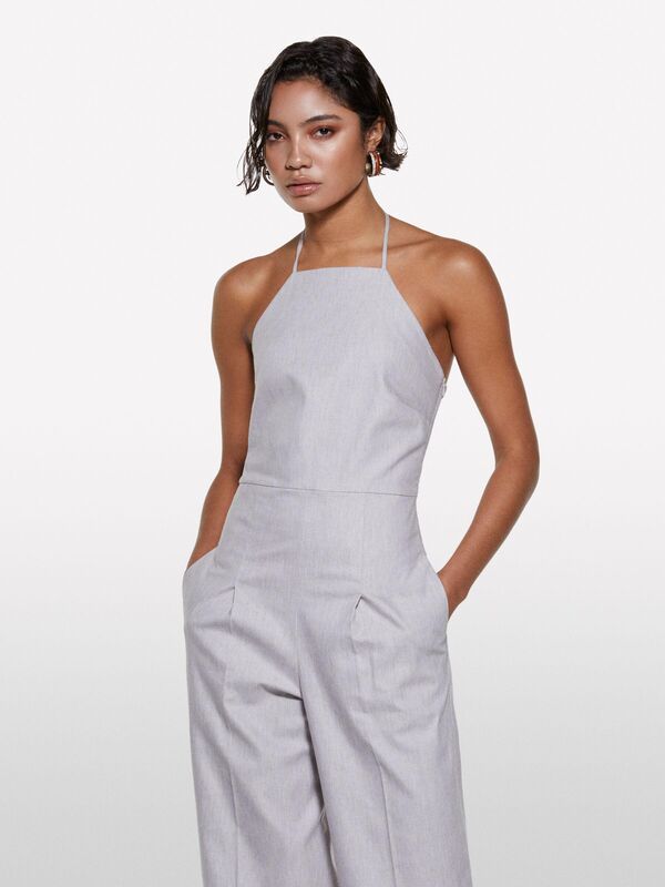 Keten Karışımlı Astarlı Askılı Palazzo Tulum Kadın Mavi Tulum - 325P4NP9LT00N