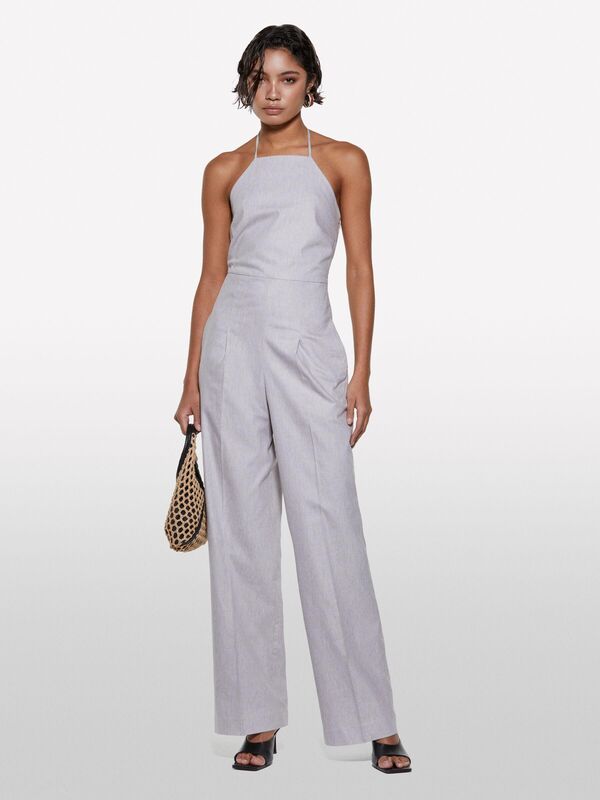 Sisley - Keten Karışımlı Astarlı Askılı Palazzo Tulum Kadın Mavi Tulum - 325P4NP9LT00N