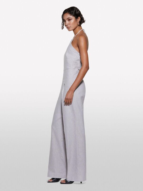 Keten Karışımlı Astarlı Askılı Palazzo Tulum Kadın Mavi Tulum - 325P4NP9LT00N