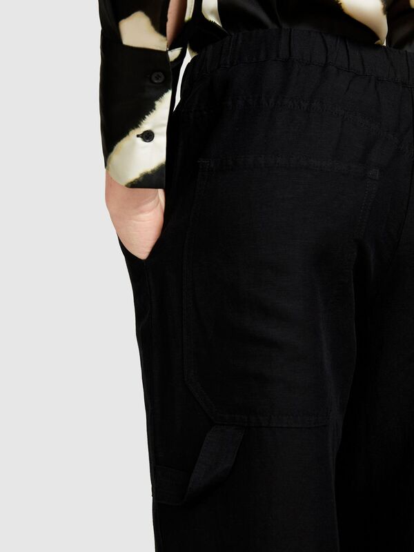 Sisley - Keten Karışımlı Beli Lastikli Paçası Büzgülü Pantolon Kadın Siyah Pantolon - 324P40BRLF051