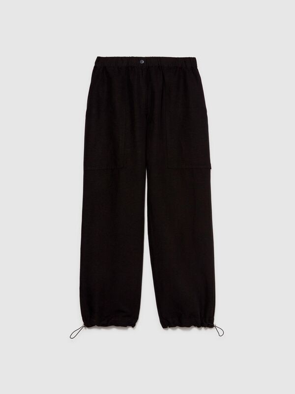 Keten Karışımlı Beli Lastikli Paçası Büzgülü Pantolon Kadın Siyah Pantolon - 324P40BRLF051