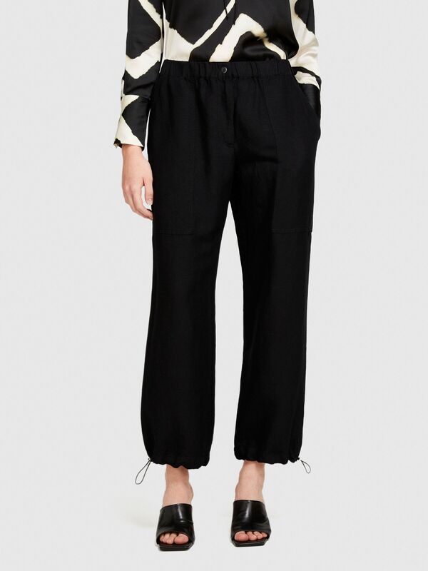 Keten Karışımlı Beli Lastikli Paçası Büzgülü Pantolon Kadın Siyah Pantolon - 324P40BRLF051