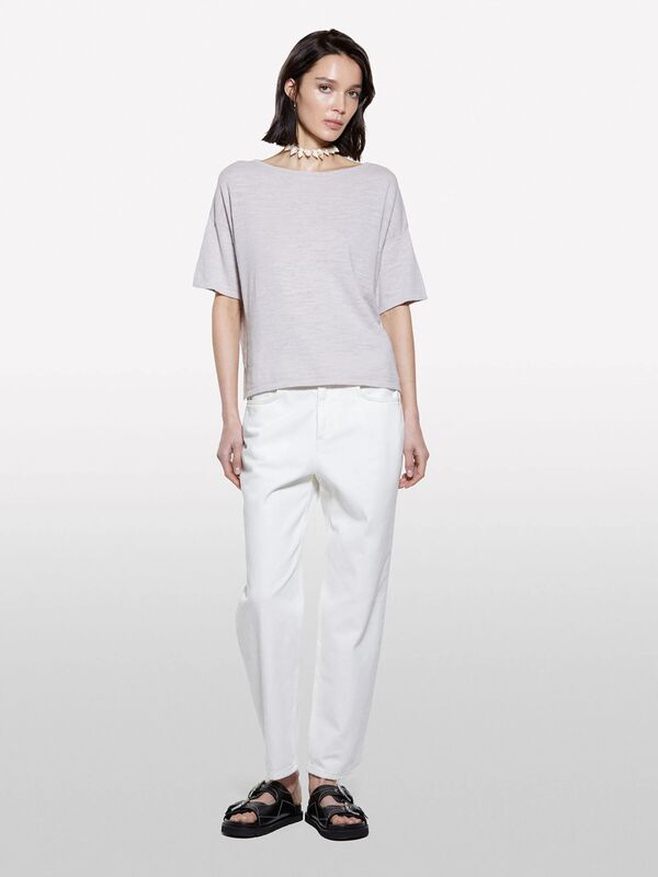 Sisley - Keten Karışımlı Bisiklet Yaka Oversize T-Shirt Kadın Gri T-Shirt - 325P105GM106H