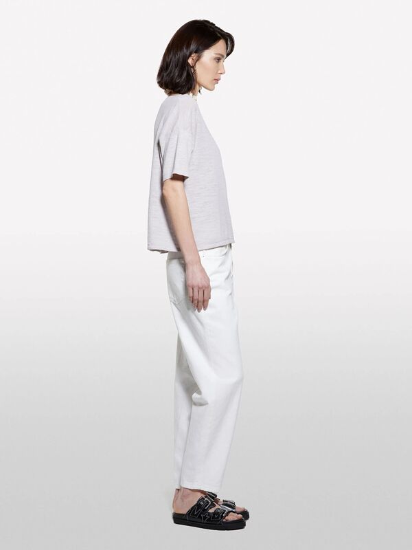 Keten Karışımlı Bisiklet Yaka Oversize T-Shirt Kadın Gri T-Shirt - 325P105GM106H