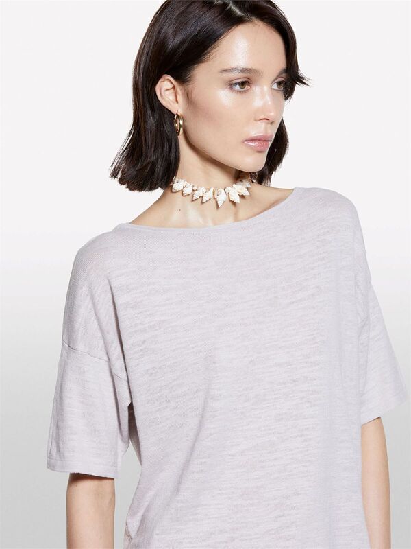 Keten Karışımlı Bisiklet Yaka Oversize T-Shirt Kadın Gri T-Shirt - 325P105GM106H