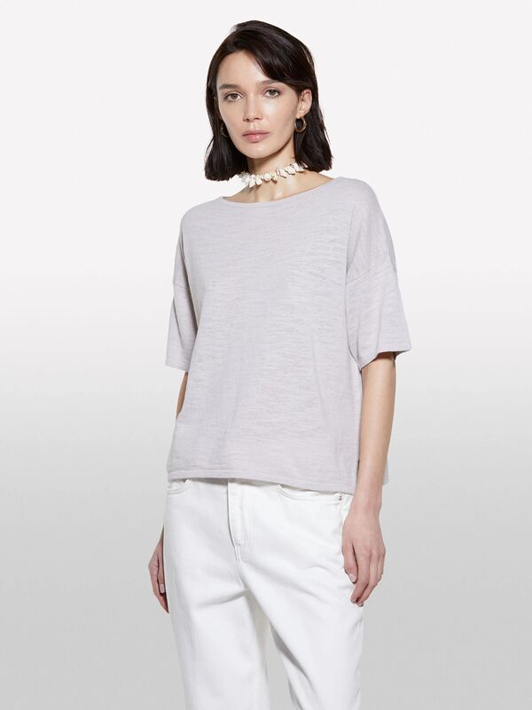 Keten Karışımlı Bisiklet Yaka Oversize T-Shirt Kadın Gri T-Shirt - 325P105GM106H